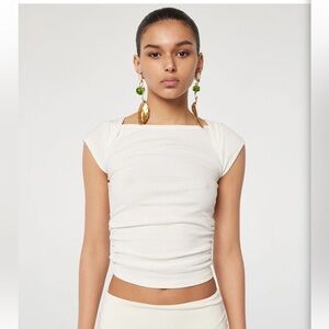 The Line by K Becks Short Sleeve White Ruched BoatNeck Cap Sleeve Top Size